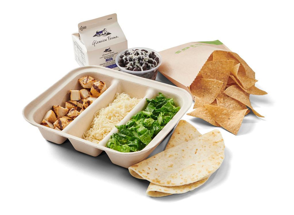 Build Your Own Tacos Kids Meal · Your choice of one protein (all-natural grilled chicken, all-natural steak, grilled shrimp or Mahi Mahi). Served with shredded cheese, romaine lettuce, and two flour tortillas. Includes choice of two sides and a kid’s drink.