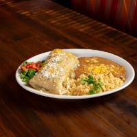 Burro Dinner · Burro of your choice served Enchilada Style with rice and beans. 