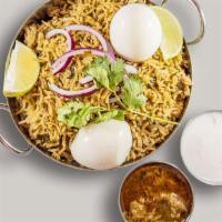 Egg Biryani · Served with basmati rice flavored with cloves, cinnamon, cardamom, bay leaf, coriander, mint...