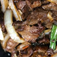 B7. Mongolian Beef · Beef, onions, green onions, red chili, special sauce.