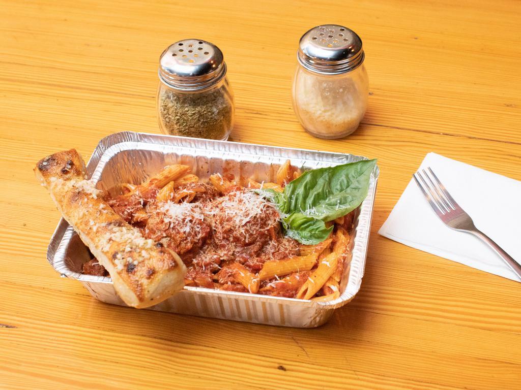 Penne with Meatballs · Sugo sauce, meatballs and Romano.