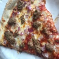 Polpette Pizza · Meatballs, onions, tomato sauce and grated mozzarella.