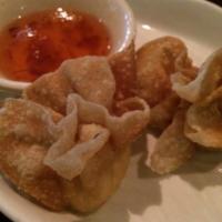 3. Nine Pieces Crispy Crab Wontons · Deep-fried crab meat and cream cheese in a wonton wrappers, served with red plum sauce.