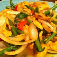 38. Basil · Meat stir - fried with onion, green bean, bell pepper, mushroom, and holy basil in chili - g...