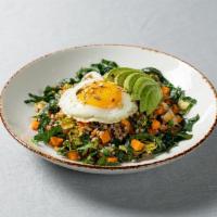 Sunny Side Breakfast Bowl · Organic sunny-side egg, avocado, caramelized onion, roasted Brussels sprouts and sweet potat...