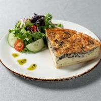 Mushrooms & Gruyere Quiche · buttery crust filled with savory custard,
roasted cremini and shiitake mushrooms, and Gruyère