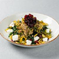 Brussels Farro Bowl · Warm farro, massaged kale, roasted delicata squash and Brussels sprouts, goat cheese, pickle...