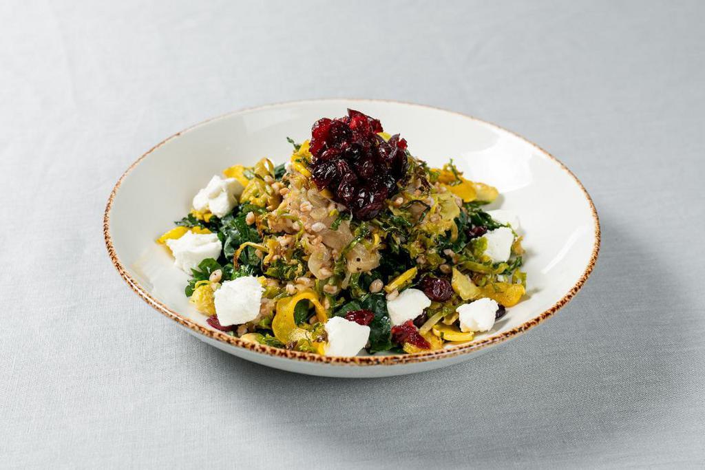 Brussels Farro Bowl · Warm farro, massaged kale, roasted delicata squash and Brussels sprouts, goat cheese, pickled cranberries