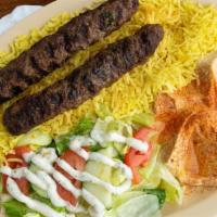 2. Kofta Kabob · 2 grilled pieces of lean ground beef mixed with fresh parsley onion and spices. Served with ...