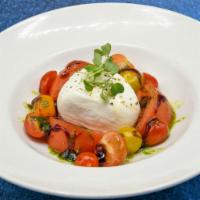 Heirloom Tomato & Burrata Salad · Gluten sensitive, Contains Nuts. Balsamic vinegar, basil pesto, fresh basil.