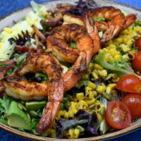 Bbq Shrimp Cobb Salad · Gluten sensitive. Heirloom cherry tomato, avocado, hickory-smoked bacon, corn, hard boiled e...