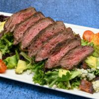 Steakhouse Salad · Gluten sensitive. Sliced prime steak, deviled egg, avocado, cherry tomatoes, hickory-smoked ...