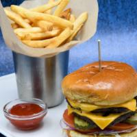 Grille Cheeseburger · Double-stacked beef patties, American cheese, lettuce, red onion, sloppy sauce, tomato, pick...