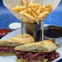 Shaved Prime Steak Sandwich · Creamy horseradish, artisan French roll, Au jus, choice of side.