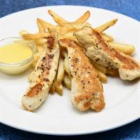 Kids Grilled Chicken Fingers · Served with kids drink and side.