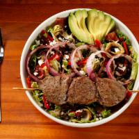Olympus Steak Salad · Fresh greens | feta | artichoke heart | red bell
peppers | chopped bacon | avocado | pickled...