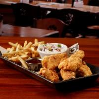 Crispy Chicken Strips · Cooked golden with fresh-cut seasoned fries, coleslaw. Sauce choices:  Ranch, Honey Mustard,...