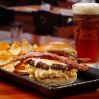 Bacon Mac and Cheeseburger · Grilled all-natural fresh beef patty, creamy mac and cheese, cheddar cheese sauce, applewood...