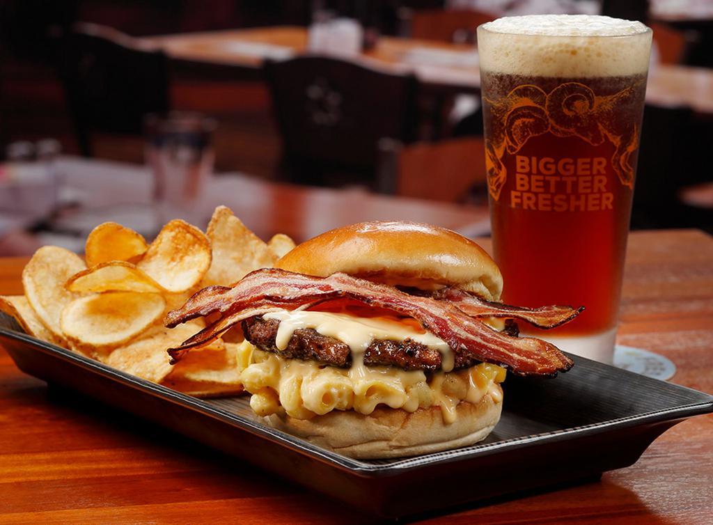Bacon Mac and Cheese Burger · Grilled all-natural fresh beef patty, creamy mac and cheese, cheddar cheese sauce, applewood-smoked bacon and grilled kaiser bun.