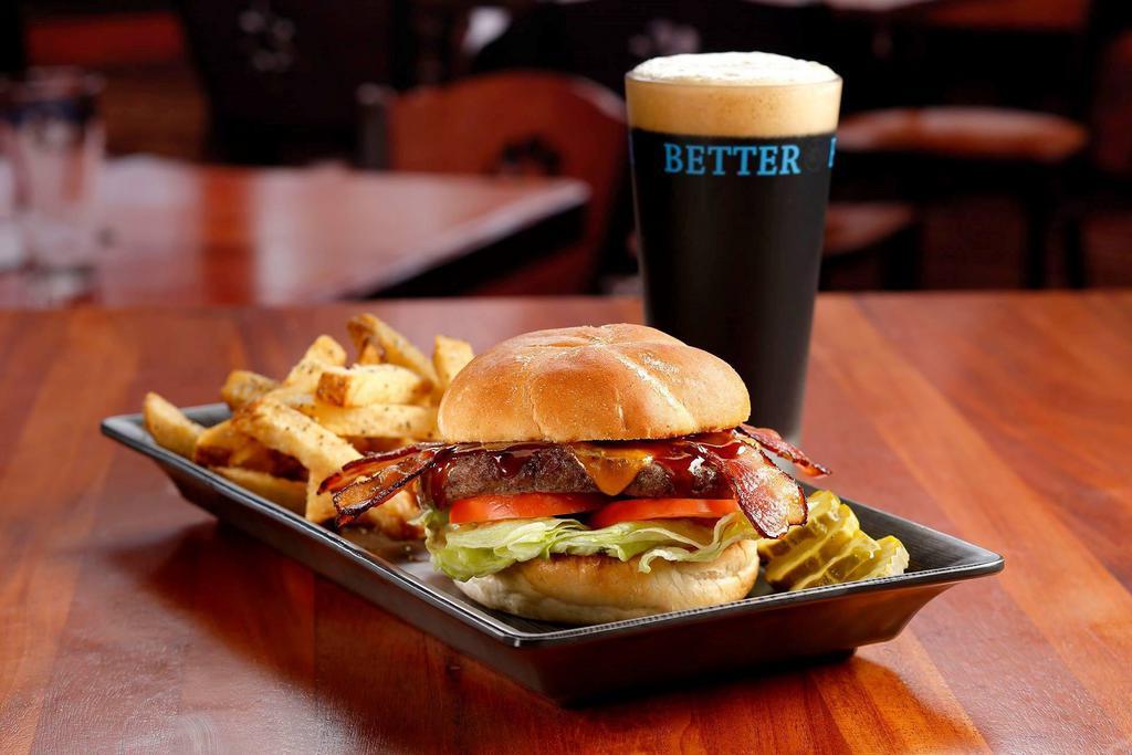 BBQ Bacon Cheddar Burger · Cheddar, Porter BBQ sauce, applewood-smoked bacon, lettuce, tomatoes and grilled kaiser bun.
