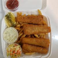 Fish and Chips Platter · Battered fried fish with tartar sauce, lemon and coleslaw.