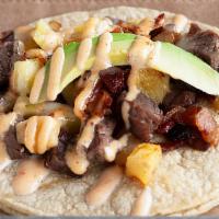 mayan taco *no substitutions* · grilled steak, chihuahua cheese, pineapple, bacon, avocado + chipotle aioli