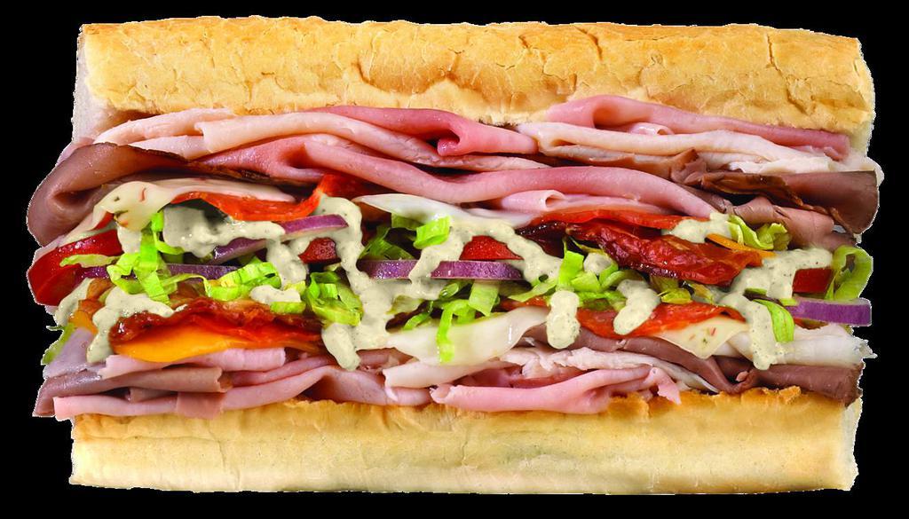 Wicked® · Turkey, Ham, Roast Beef, Pepperoni, Bacon, Cheddar, Provolone, Pepper Jack, Lettuce, Tomatoes, Red Onions & Mayo.