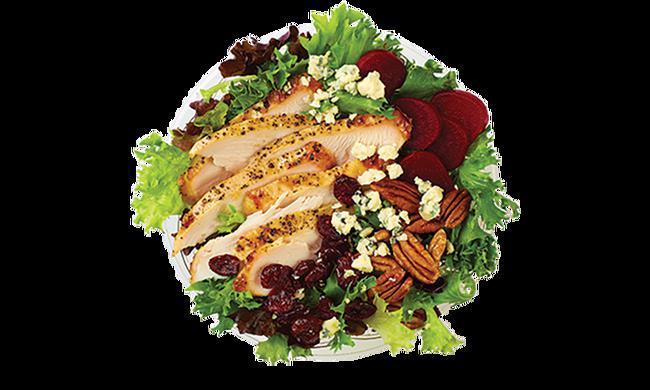 Plymouth Rock Bowl · Turkey, Dried Cranberries, Beets, Bleu Cheese Crumbles, Caramelized Pecans, Arcadian Mix.
Recommended dressing is Cranberry Poppy Seed.