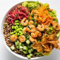 Shrimp & Sesame Bowl · Poached Shrimp, Warm Grain Medley, Edamame, Carrots, Cucumbers, Green Onions, Pickled Red On...