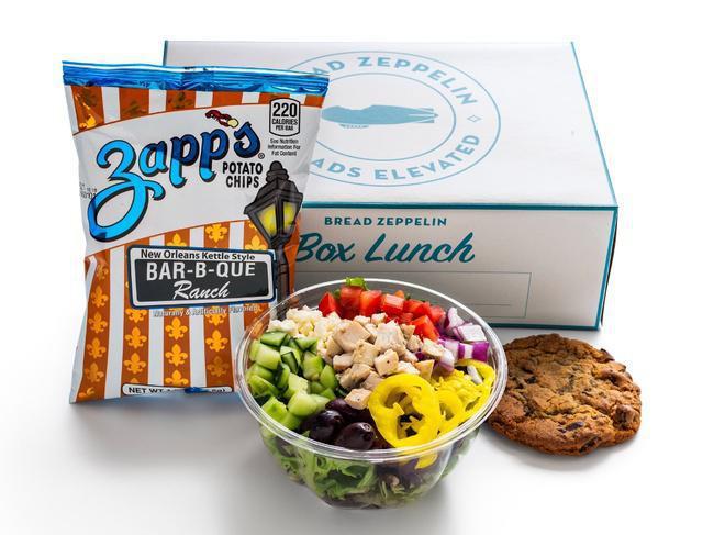 Bowl Nola Box Lunch · Your choice of a Bowl or Zeppelin. Includes Chips & Chocolate Chip Cookie.