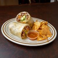 Al Pastor Burrito · Mexican rice, pinto beans, lettuce, Monterey jack cheese, sour cream, and our homemade salsa...