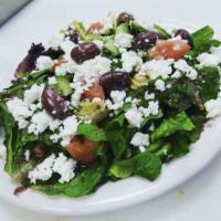 Greek Salad · Romaine lettuce, tomato, cucumber, feta cheese, Greek olives and house dressing.