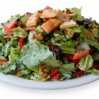 Fattoush Salad · Romaine Lettuce , Tomato , Cucumber , Bell peppers , Red Peppers , Onions , herbs , Pita Chi...