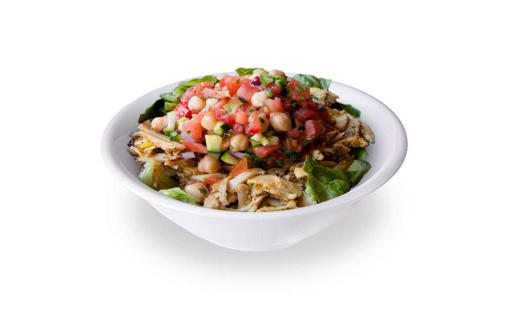 Chicken Shawarma Bowl · Rice, lettuce, garbanzo salad and dressing.