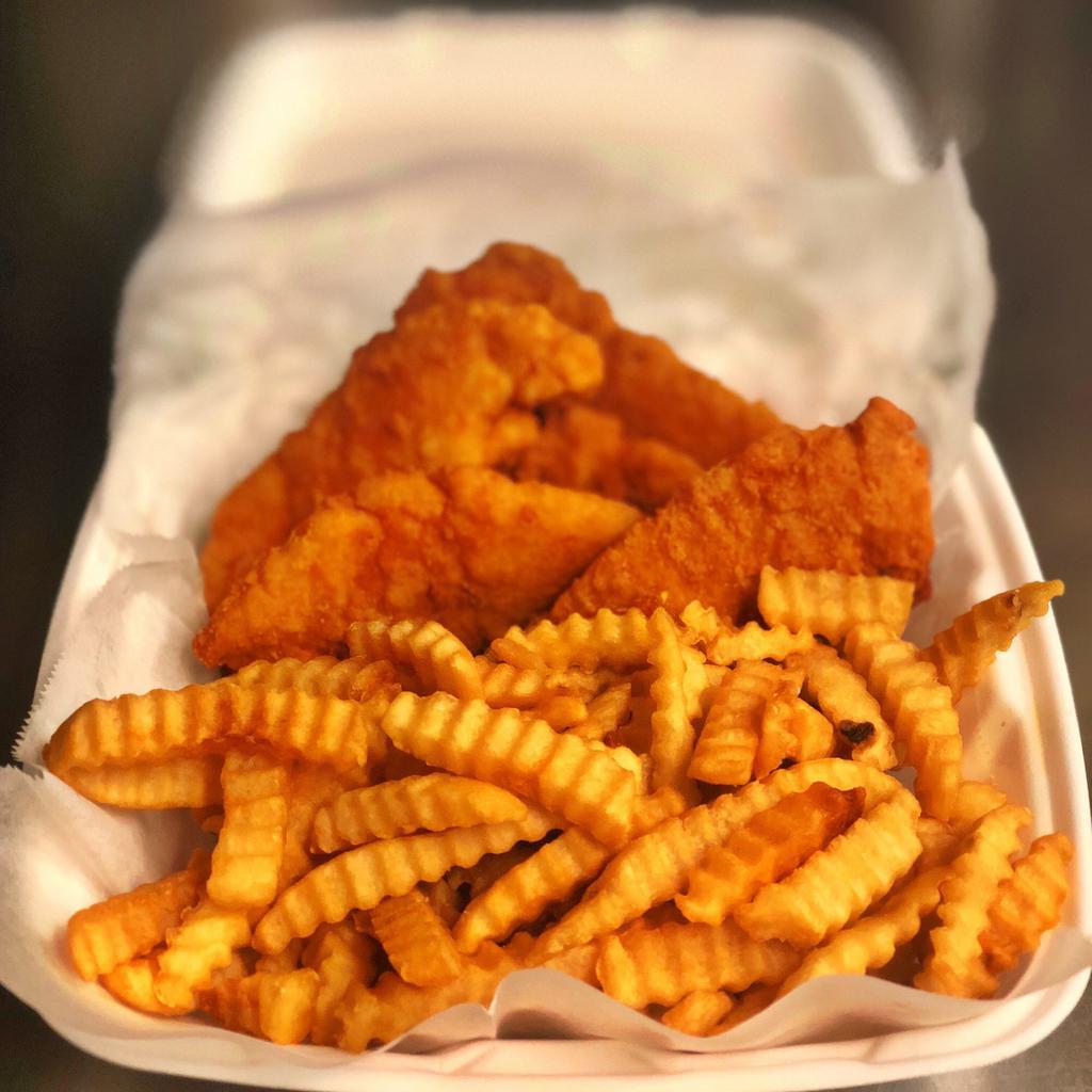 Chicken Tenders and Fries · Five crispy chicken tenders and a full pound of golden french fries cooked up to crispy perfection served with ketchup and your choice of a side sauce.