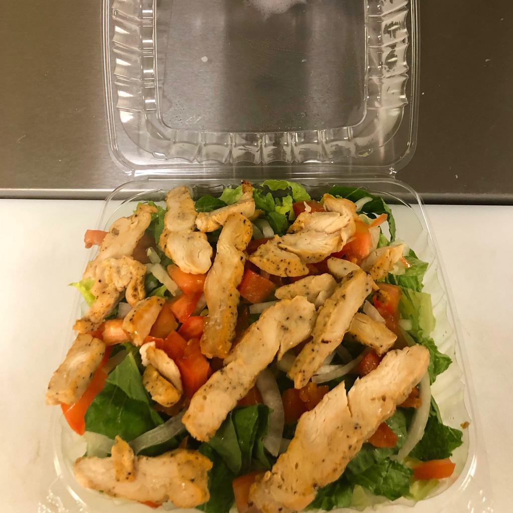 Grilled Chicken Salad · Our house made grilled chicken salad with a mix of fresh cut romaine and iceberg lettuce topped with celery, tomato and onion. With your choice of dressing on the side.