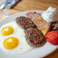 Breakfast Combo · eggs / choice of breakfast meat / pancakes, 1/2 waffle or slice of French toast