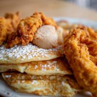 Chicken and Pancakes · spiced maple bourbon butter / powdered sugar / home fries
