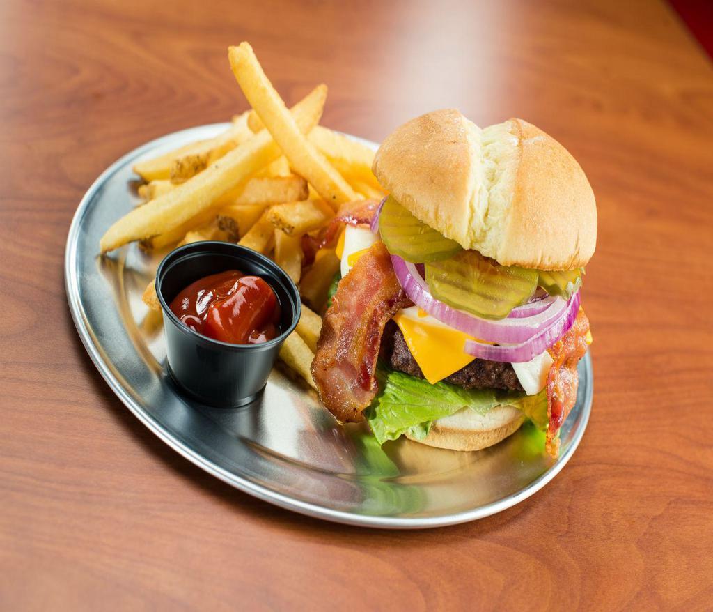 Bacon Cheeseburger · Loaded with mozzarella cheese, cheddar cheese, hardwood smoked bacon, lettuce, tomato, onion and pickles.
