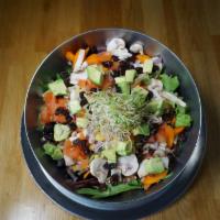Family Garden Salad · Spring mix, carrots, red onions, tomatoes, corn, mushrooms, avocado, sunflower seeds, raisin...