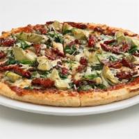 Florentine Pizza · Fresh spinach, artichokes, sun-dried tomatoes, and roasted garlic topped with mozzarella and...