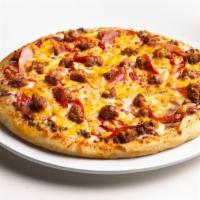 Mama Meata Pizza · Bolognese sauce topped with smoked ham, pepperoni, ground beef, and spicy Italian sausage. C...