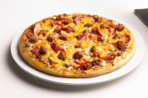 Mama Meata Pizza · Bolognese sauce topped with smoked ham, pepperoni, ground beef, and spicy Italian sausage. Covered with cheddar and mozzarella cheeses. (Sorry, this item is not available in gluten free.)