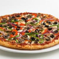 Veggie Pizza · Signature pizza sauce, mozzarella cheese, red onions, black olives, red & green bell peppers...