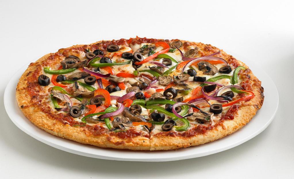 Veggie Pizza · Signature pizza sauce, mozzarella cheese, red onions, black olives, red & green bell peppers, and mushrooms. Vegetarian.