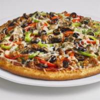 Deluxe Pizza · Pizza sauce, mozzarella cheese, pepperoni, spicy Italian sausage, red & green bell peppers, ...