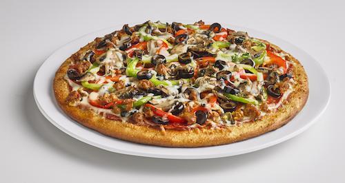 Deluxe Pizza · Pizza sauce, mozzarella cheese, pepperoni, spicy Italian sausage, red & green bell peppers, mushrooms, and olives, sprinkled with Parmesan cheese.