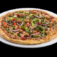 Sicilian Pizza · Spicy Italian sausage, smoked ham, pepperoni, red onions, green peppers, and mozzarella chee...