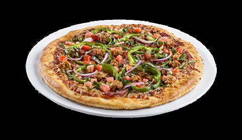 Sicilian Pizza · Spicy Italian sausage, smoked ham, pepperoni, red onions, green peppers, and mozzarella cheese topped with fresh basil and tomatoes.