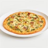 Chicken Spinach & Artichoke Thin Crust · Grilled chicken with our homemade spinach & artichoke mix smothered on top of a crispy thin ...